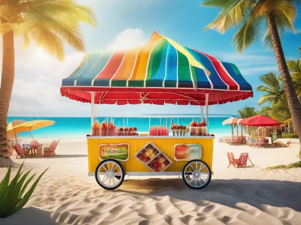 Uma imagem vibrante de um carrinho de praia colorido cheio de sorvetes gourmet Dindin. O carrinho está posicionado em uma praia de areia, cercado por banhistas felizes desfrutando dos refrescantes sorvetes sob o sol. Os sorvetes estão lindamente expostos, mostrando uma variedade de sabores e coberturas, tentando os clientes a se deliciarem com esse del