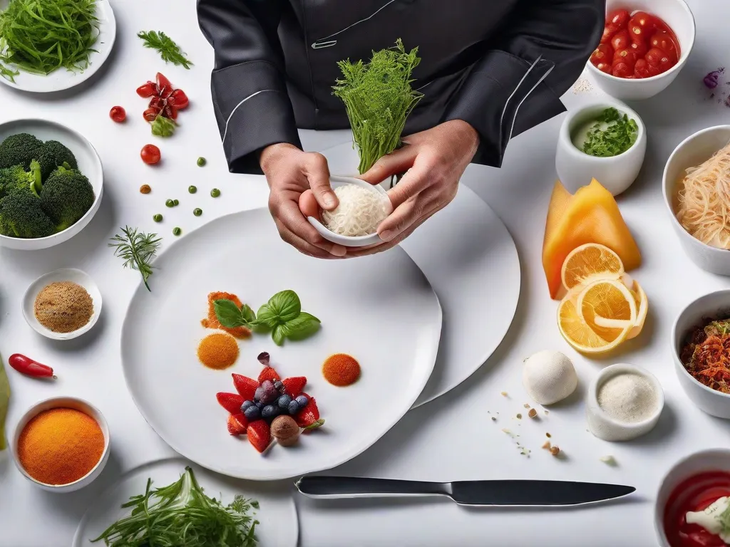 Uma imagem em close das mãos de um chef meticulosamente arranjando ingredientes delicados e vibrantes em um prato branco imaculado. Cada elemento é colocado com precisão, mostrando a cuidadosa preparação do chef e sua técnica culinária refinada. As cores vibrantes e o arranjo intricado destacam a arte por trás do prato.