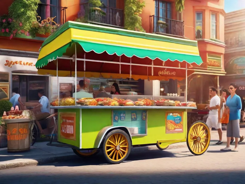 Uma imagem vibrante de uma colorida barraca de dindin estacionada em uma rua movimentada, com uma fila de clientes entusiasmados. A barraca é decorada com placas chamativas e sabores tentadores, criando um apelo visual irresistível. O sol brilha intensamente, adicionando à atmosfera convidativa e mostrando as deliciosas guloseimas refrescantes.