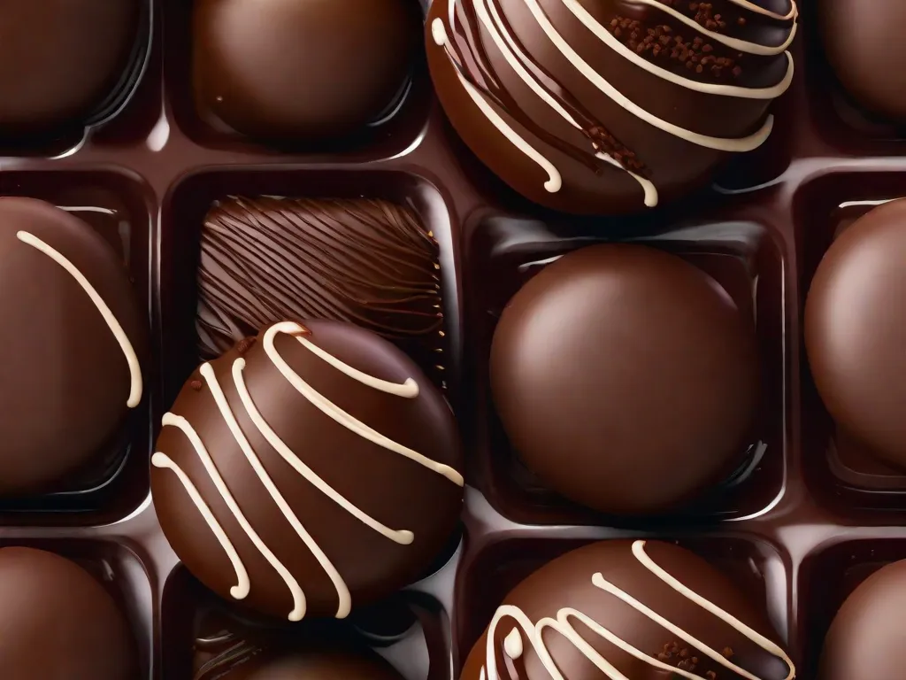 Uma imagem em close-up de um delicioso Dindin Gourmet de Chocolate, um doce brasileiro congelado com sabor rico de chocolate. A imagem destaca a textura suave e cremosa, com uma cobertura de calda de chocolate e uma pitada de raspas de chocolate por cima, aguçando o paladar do espectador.