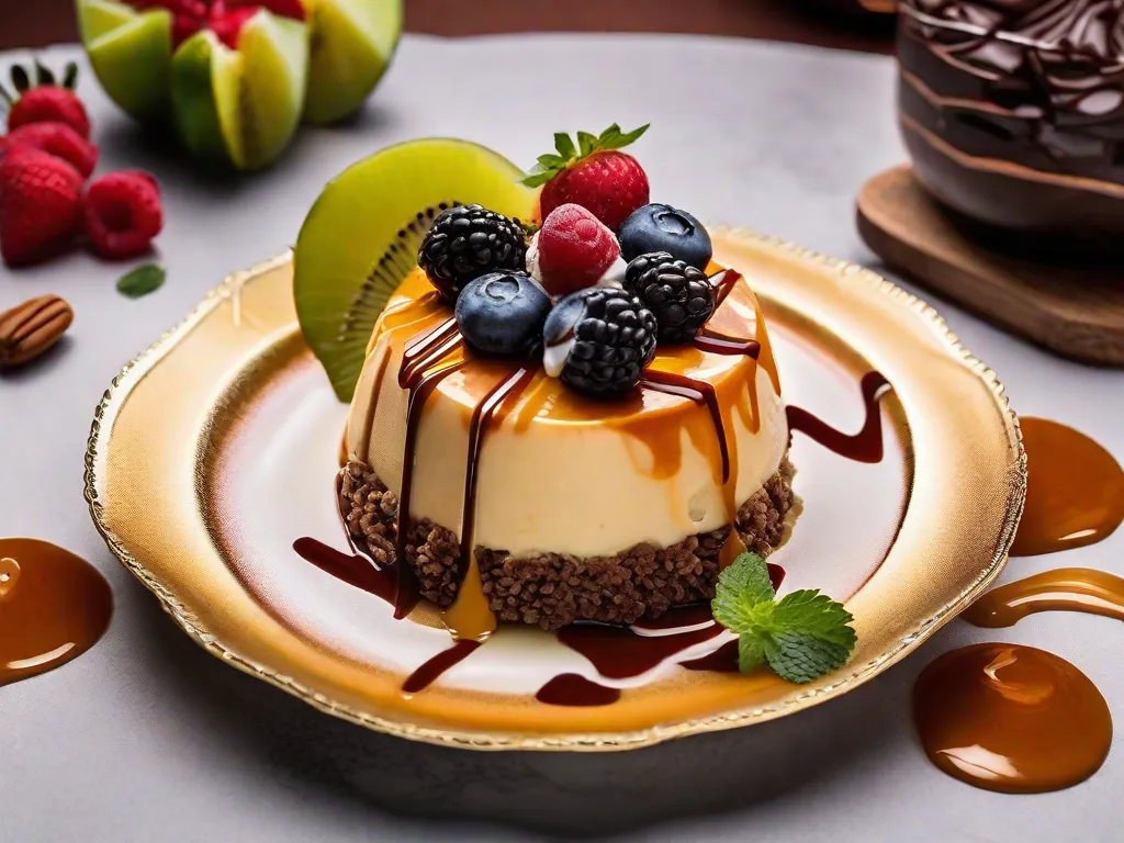 Descrição da imagem: Um close-up de um prato lindamente montado de dindin gourmet, uma sobremesa congelada brasileira. O dindin é decorado com frutas frescas, raspas de chocolate e um fio de calda de caramelo, mostrando de forma tentadora os sabores deliciosos e a apresentação que podem ser alcançados com as receitas e dicas de vendas compartilhadas no blog