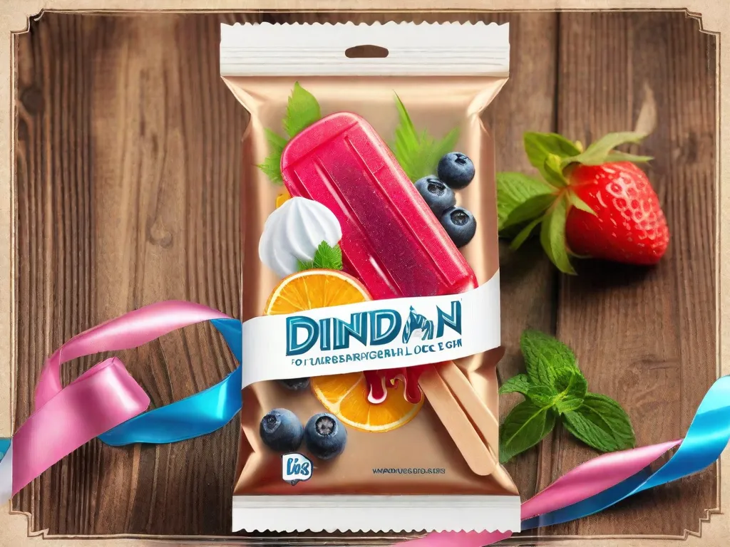 Uma imagem em close-up de um picolé Dindin Gourmet lindamente embalado, envolto em um saco transparente de celofane, amarrado com uma fita colorida e adornado com um adesivo personalizado mostrando o logotipo e os sabores. O fundo é uma mesa de madeira rústica com adereços como frutas frescas e casquinhas de sorvete para aumentar