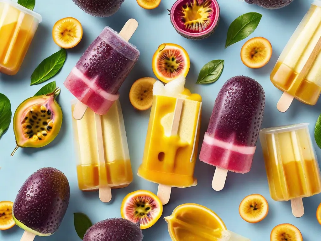 Descrição da imagem: Uma imagem de dar água na boca de um picolé gourmet de maracujá é exibida em um fundo vibrante. O picolé é lindamente decorado com polpa fresca de maracujá, criando um contraste visualmente atraente de cores. A guloseima gelada promete um sabor refrescante e delicioso, perfeito para os dias quentes de verão.