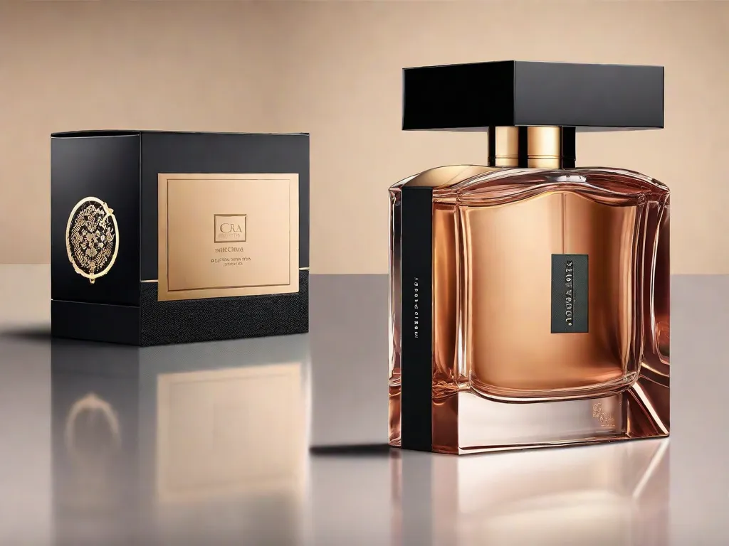 Uma imagem de um design de embalagem elegante e moderno para um perfume de alta qualidade. A embalagem é minimalista, com linhas limpas e uma sensação de luxo. Ela apresenta uma paleta de cores sofisticada e uma tipografia elegante, capturando a atenção do público-alvo e transmitindo uma sensação de exclusividade e qualidade.