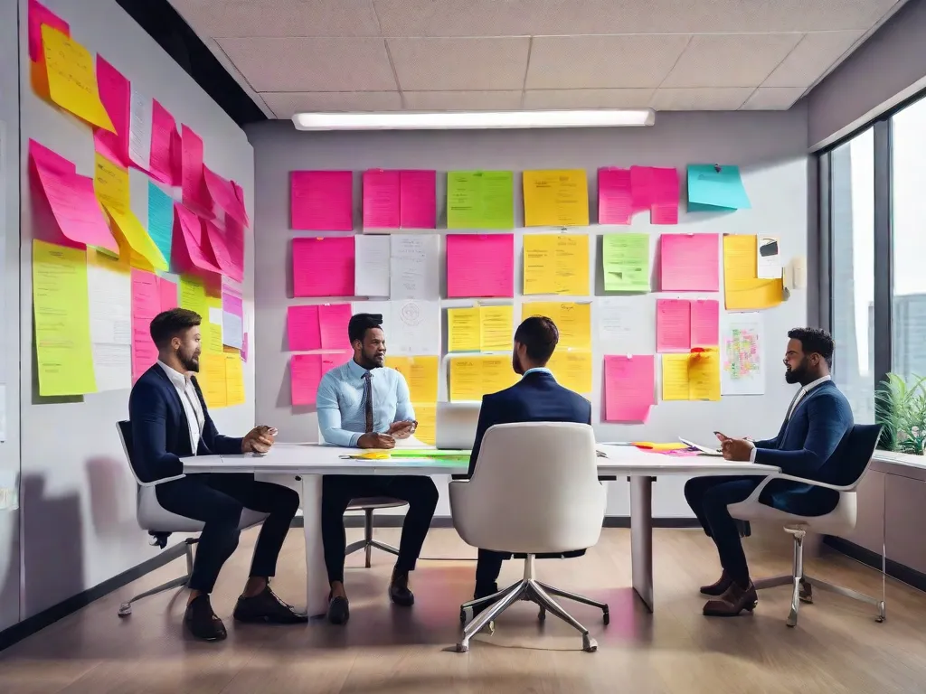 Uma imagem vibrante de uma equipe de vendas fazendo uma sessão de brainstorming em um espaço de escritório moderno, com notas adesivas coloridas e gráficos decorando as paredes. Os membros da equipe estão envolvidos em discussões animadas, trocando ideias e estratégias para impulsionar as vendas. A imagem captura a energia e a colaboração necessárias para um crescimento de vendas bem-s