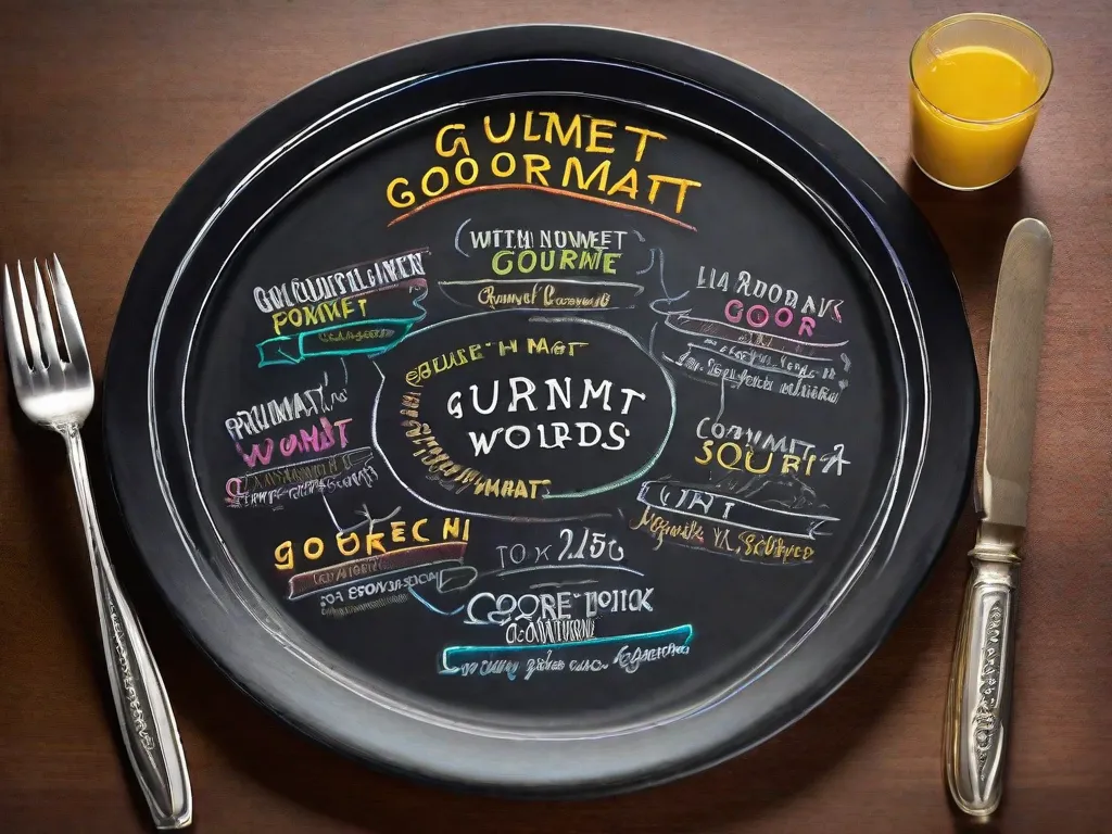 Uma imagem em close-up de um prato com palavras gourmet escritas com erros de ortografia em giz colorido em um quadro negro. As palavras incluem 