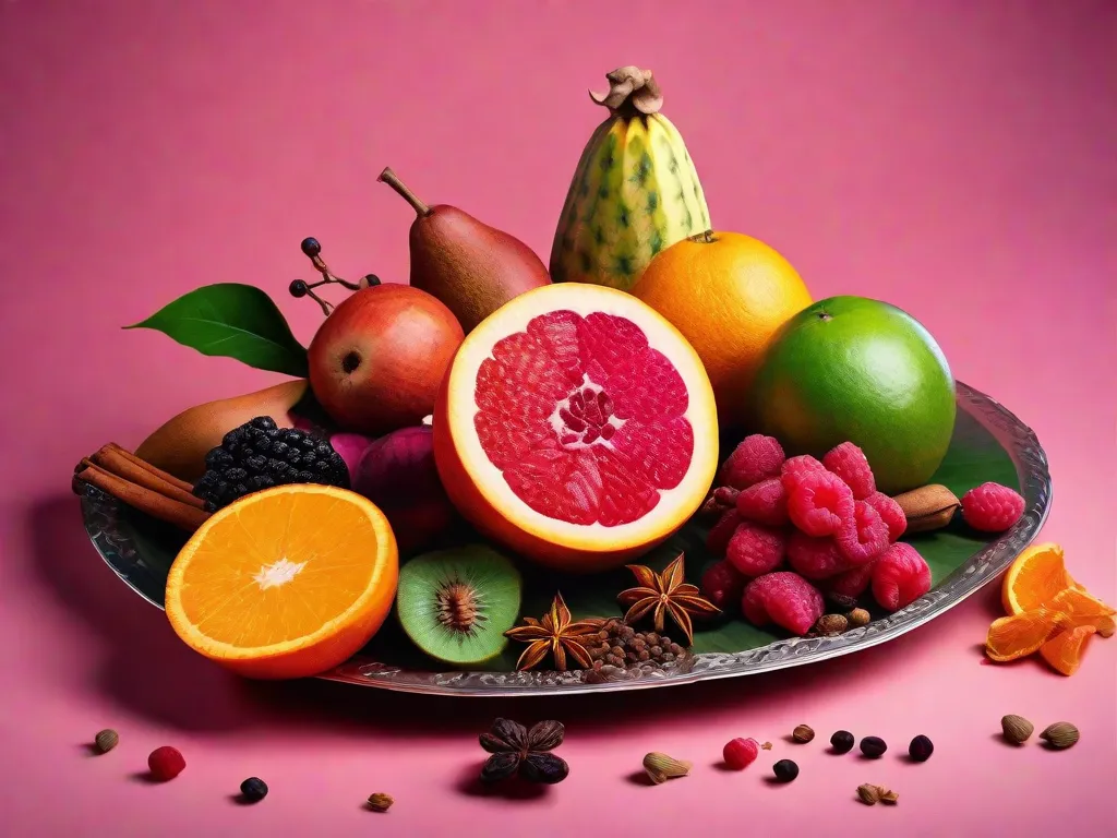 Uma imagem vibrante de uma variedade colorida de frutas exóticas e especiarias, lindamente arranjadas em um prato. A mistura tentadora de sabores e aromas representa a abordagem inovadora para atrair mais clientes.