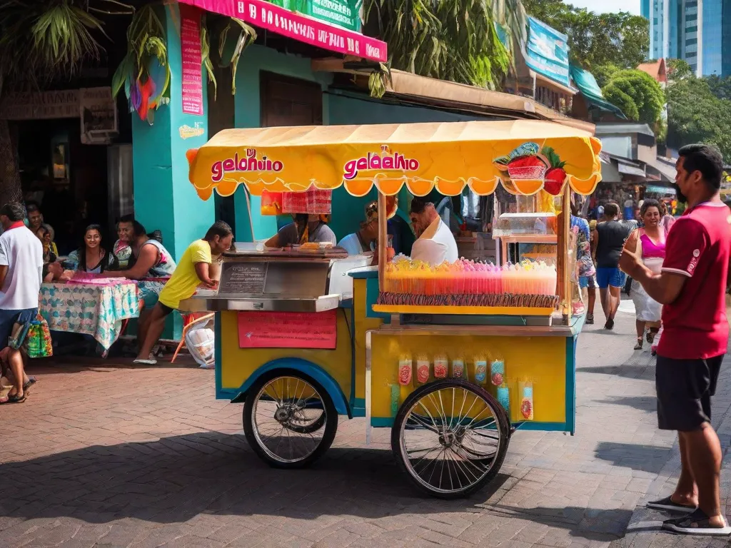 Descrição da imagem: Um carrinho vibrante e colorido de geladinho (sorvete de palito brasileiro) está em um movimentado mercado de rua. O carrinho é decorado com diversos sabores de geladinhos, incluindo manga, morango e coco. Clientes podem ser vistos comprando com entusiasmo as deliciosas guloseimas congeladas, enquanto o vendedor sorri e os serve com ent