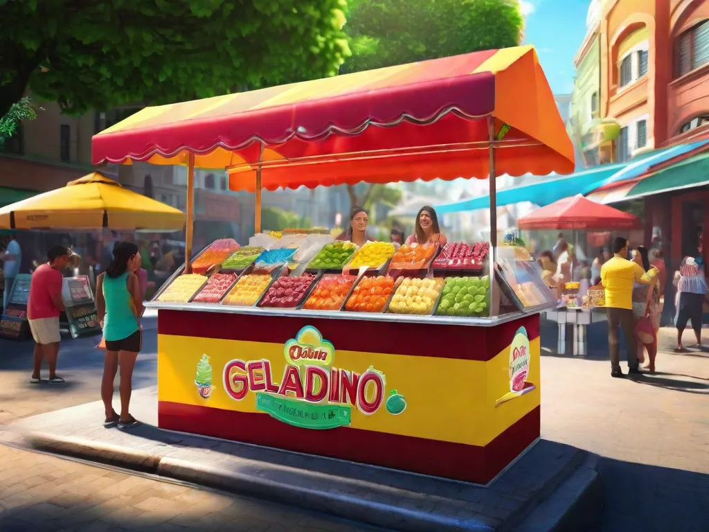 Descrição da imagem: Um vibrante e colorido carrinho de geladinho (sorvete de palito brasileiro) está montado em uma movimentada feira de rua. Os geladinhos estão expostos em fileiras, oferecendo uma variedade de sabores como manga, maracujá, coco e chocolate. Os clientes podem ser vistos comprando felizes os sorvetes congelados, enquanto o vendedor fica atr
