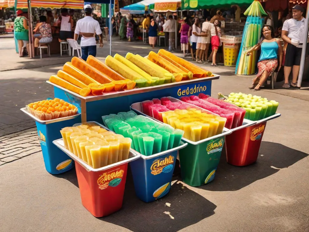 Descrição da imagem: Uma vibrante e colorida barraca de geladinhos (picolés brasileiros) em um movimentado mercado de rua. Vários sabores de geladinhos estão expostos no balcão, incluindo manga, maracujá, coco e chocolate. Clientes são vistos felizes comprando geladinhos e desfrutando deles em um dia ensolarado.