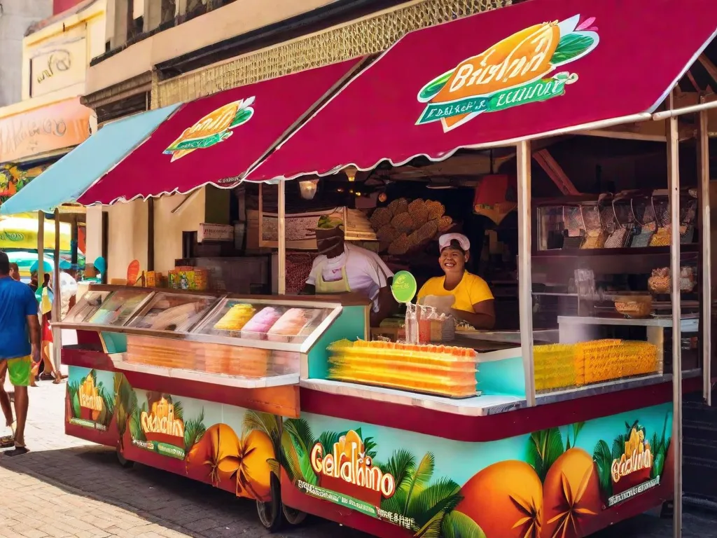 Descrição da imagem: Um vibrante e colorido carrinho de geladinho (sorvete de palito brasileiro) está montado em uma movimentada feira de rua. Os geladinhos estão expostos em fileiras, oferecendo uma variedade de sabores como manga, maracujá, coco e chocolate. Os clientes podem ser vistos comprando felizes os sorvetes congelados, enquanto o vendedor fica atr