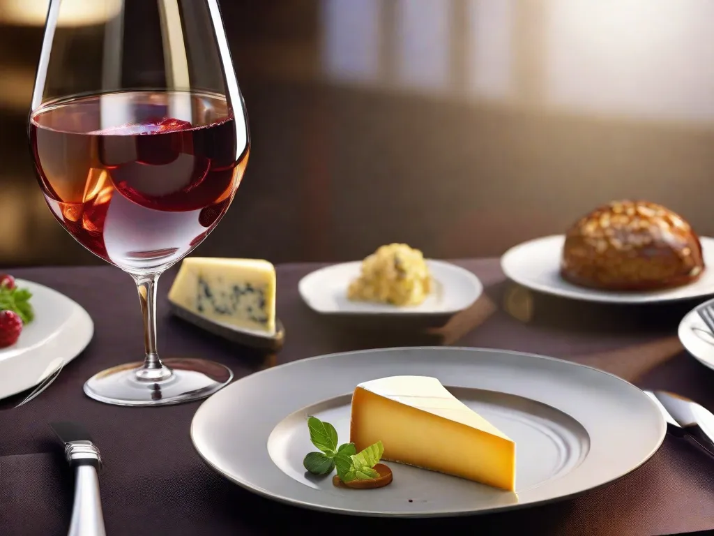 Uma imagem em close de vários itens de comida gourmet, como um prato de queijos sofisticados, uma taça de vinho e uma sobremesa lindamente apresentada. A imagem destaca a elegância e sofisticação associadas à culinária gourmet, enfatizando a importância de distinguir os sabores e aromas sutis desses pratos de alta qualidade.