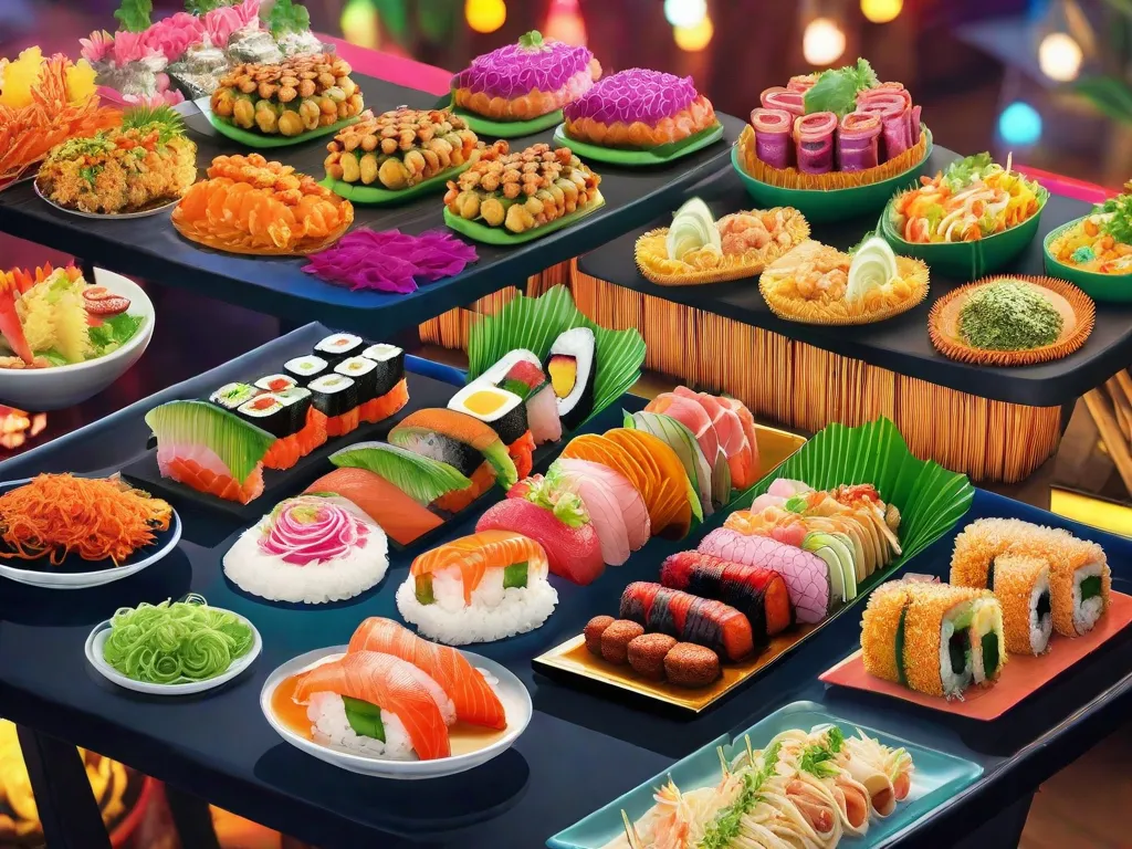 Um vibrante mercado de alimentos com uma variedade de pratos gourmet de todo o mundo. A imagem mostra uma variedade colorida de culinárias deliciosas, incluindo sushi, tacos, massa e sobremesas. O festival apresenta as últimas tendências gastronômicas, oferecendo uma experiência culinária única para todos os entusiastas da comida.