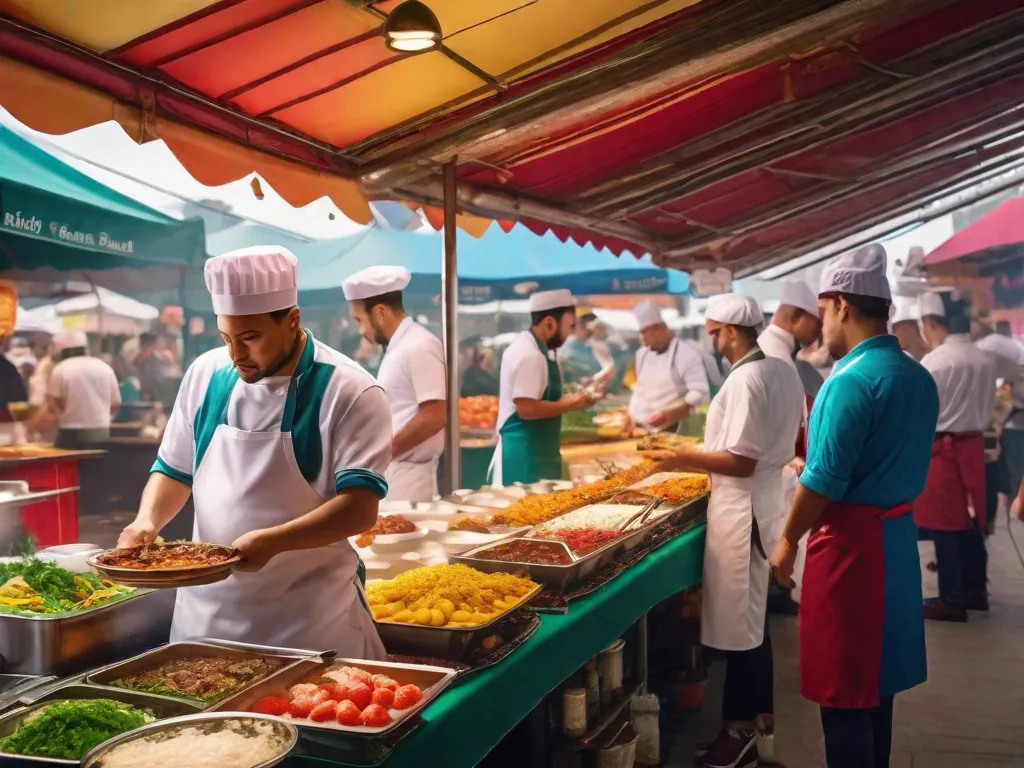 Um vibrante mercado de alimentos exibindo uma variedade de pratos gourmet, com chefs preparando criações de dar água na boca. As barracas são adornadas com bandeiras coloridas e aromas tentadores enchem o ar. Os clientes se deliciam com mordidas deliciosas enquanto desfrutam de música ao vivo e da atmosfera animada do Fest Gourmet São Carlos.