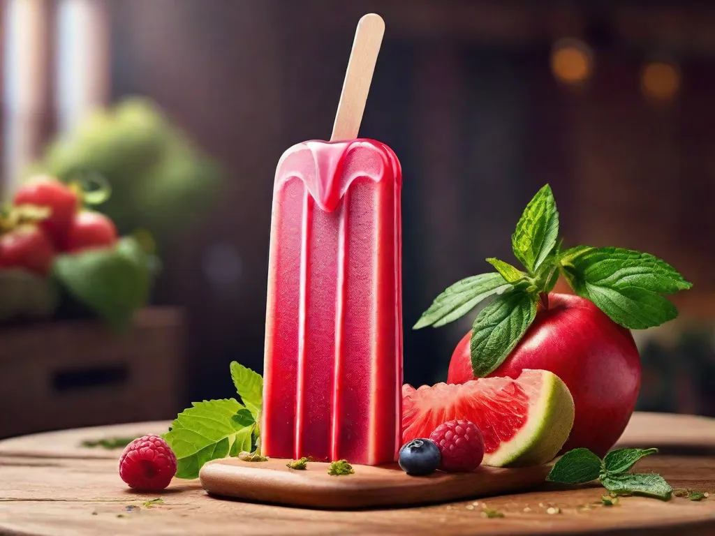 Descrição: Uma imagem em close-up de um delicioso picolé caseiro, colocado sobre uma mesa de madeira. O picolé é lindamente decorado com frutas frescas e ervas, exibindo suas cores vibrantes de forma irresistível. A imagem captura a essência de uma guloseima refrescante, perfeita para um dia quente de verão.