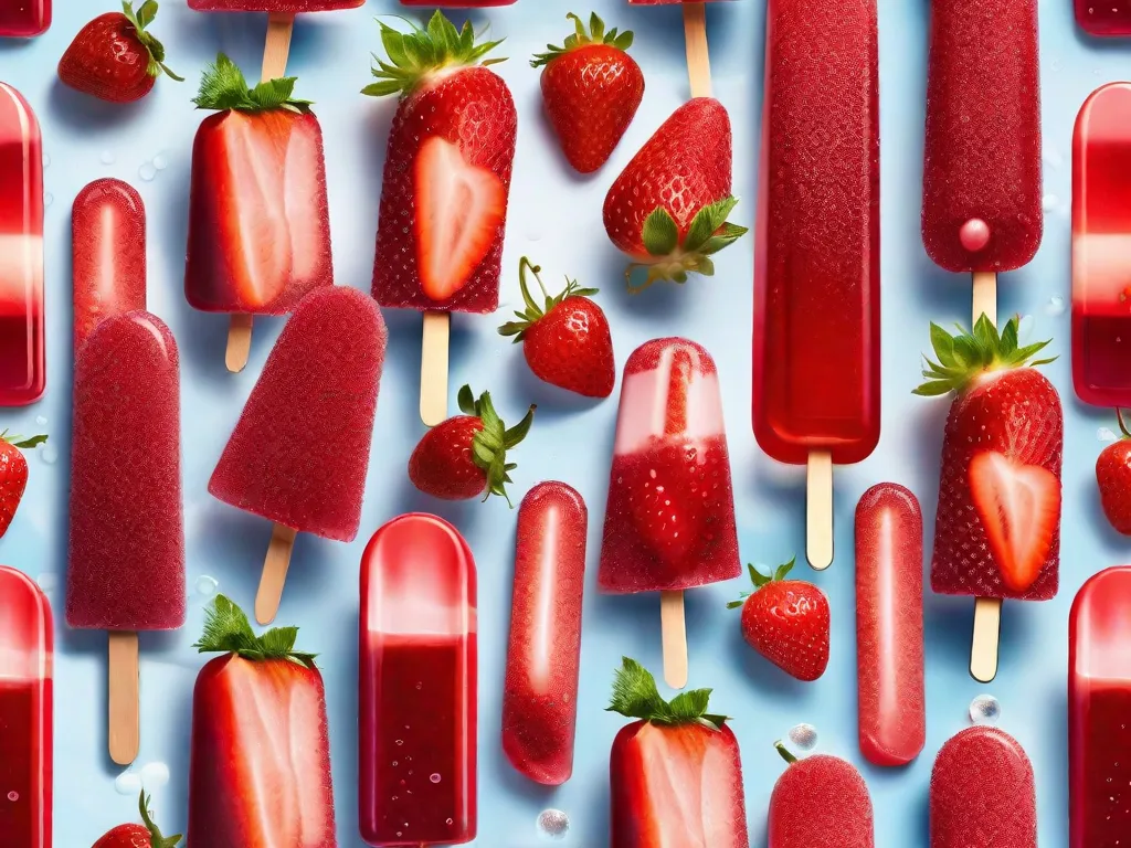 Descrição: Uma imagem de dar água na boca de um picolé gourmet de morango (dindin) é exibida. A cor vermelha vibrante do picolé é realçada pelas gotículas brilhantes de água em sua superfície. A guloseima congelada é adornada com fatias frescas de morango, adicionando um toque de elegância e frescor a essa sobremesa delici