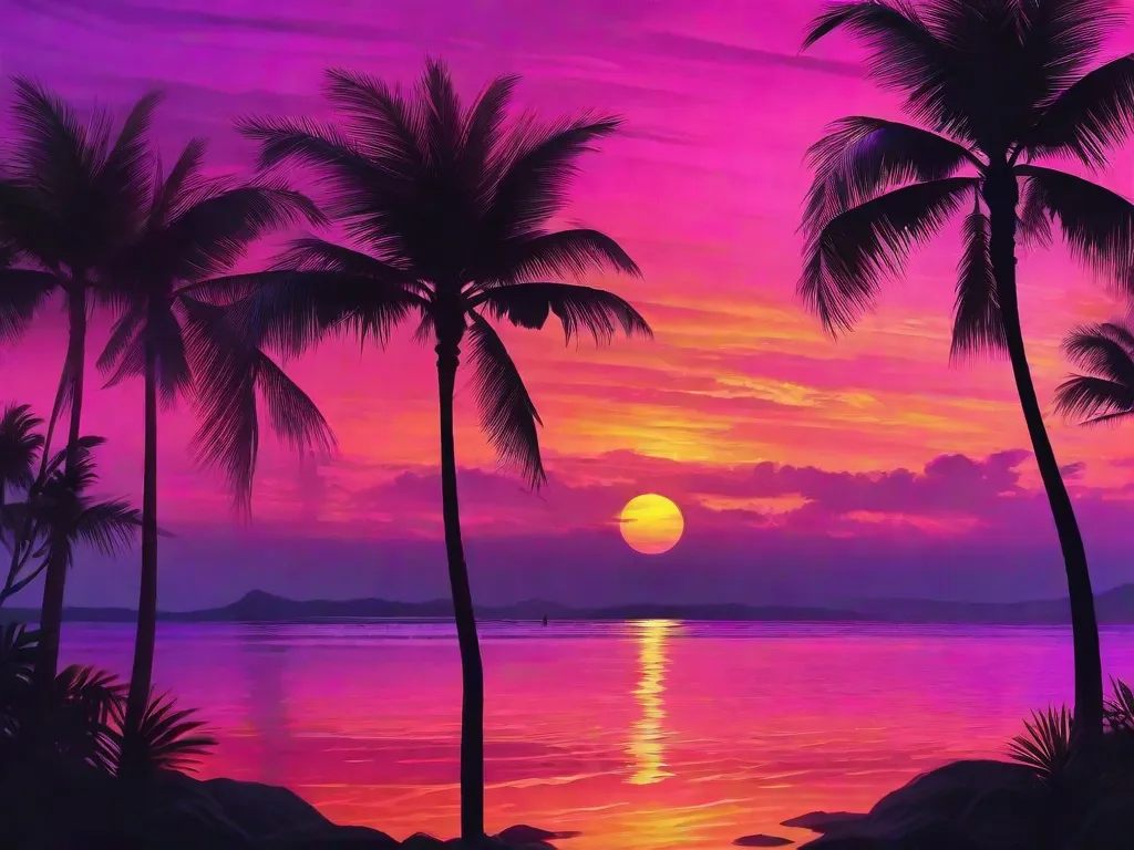 Um pôr do sol vibrante pinta o céu em tons de rosa, laranja e roxo. Silhuetas de palmeiras imponentes balançam suavemente na brisa. O oceano reluzente reflete as cores quentes do céu, criando uma cena deslumbrante que cativa os sentidos.