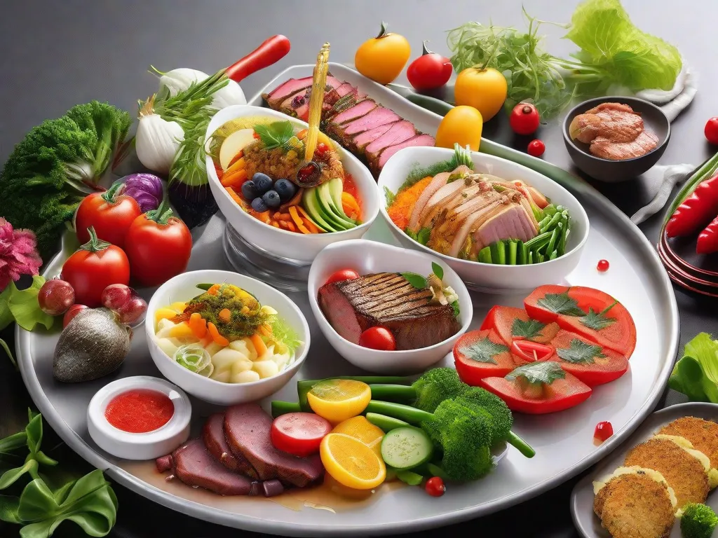 Um prato vibrante de comida artisticamente disposto com ingredientes coloridos. O prato exibe uma sinfonia de sabores e texturas, com uma mistura de vegetais frescos, carnes suculentas e guarnições delicadas. Cada elemento é meticulosamente colocado, destacando a criatividade e atenção aos detalhes do chef.
