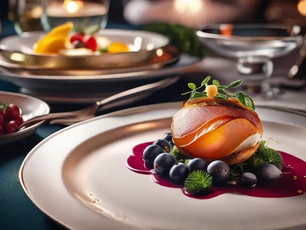Uma imagem em close-up de um prato lindamente montado, mostrando a arte e a atenção aos detalhes na gastronomia francesa. O prato apresenta cores vibrantes e ingredientes cuidadosamente arranjados, destacando a elegância e sofisticação do vocabulário culinário francês.