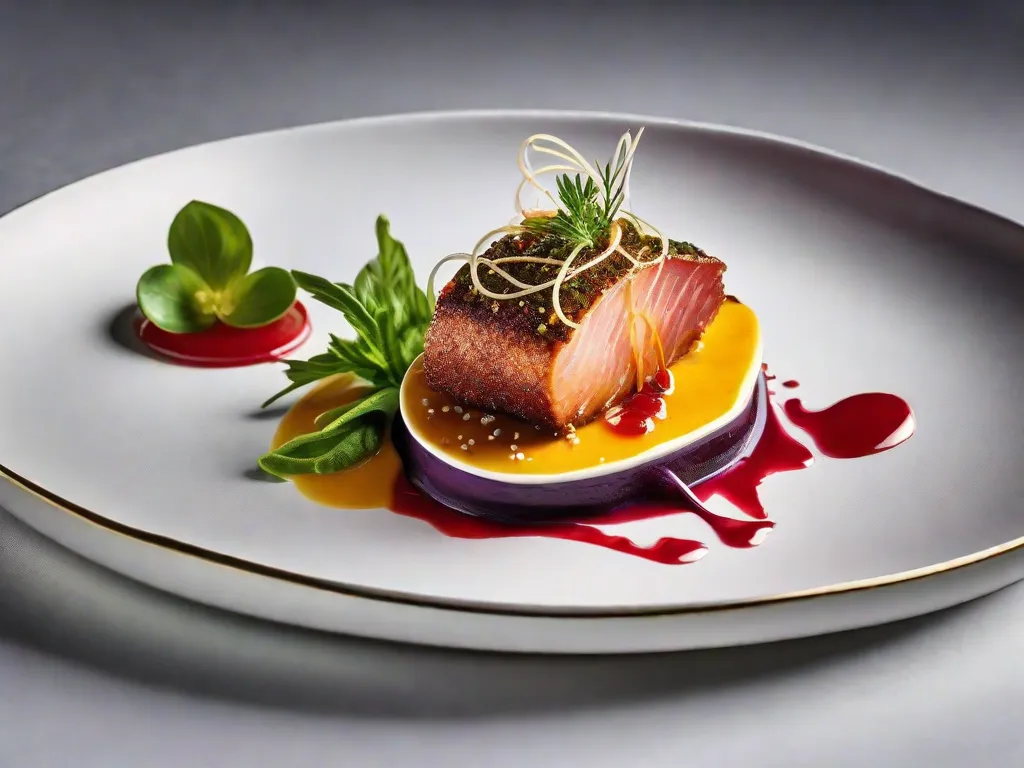 Uma imagem em close-up de um prato lindamente montado, com uma abordagem moderna de uma receita clássica. O prato apresenta cores vibrantes e uma apresentação artística, destacando a fusão de sabores tradicionais com técnicas inovadoras. A imagem evoca um senso de criatividade culinária e a emoção de experimentar novas versões de pratos queridos.
