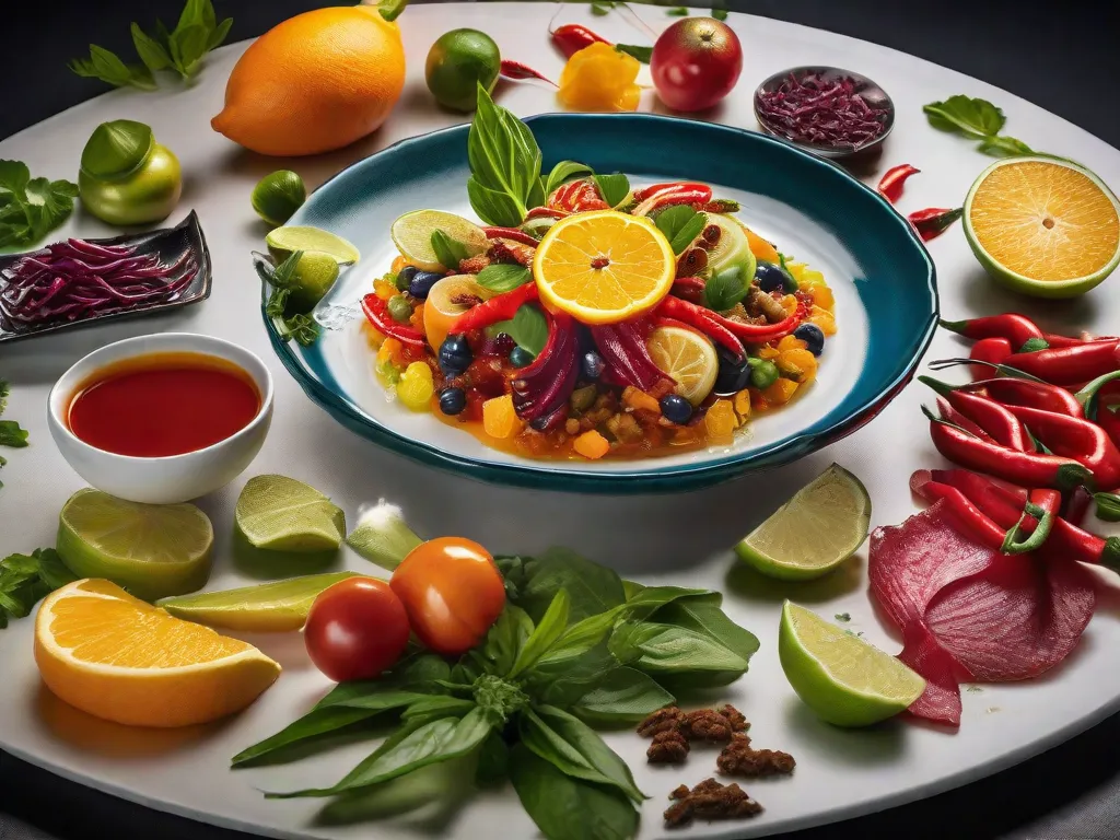 Uma imagem vibrante mostrando um prato lindamente montado com uma fusão de sabores inesperados. O prato apresenta uma variedade colorida de ingredientes, como frutas cítricas tangy, pimentas picantes, cebolas caramelizadas doces e ervas perfumadas. Cada elemento combina harmoniosamente para criar uma experiência culinária verdadeiramente surpreendente e deliciosa.