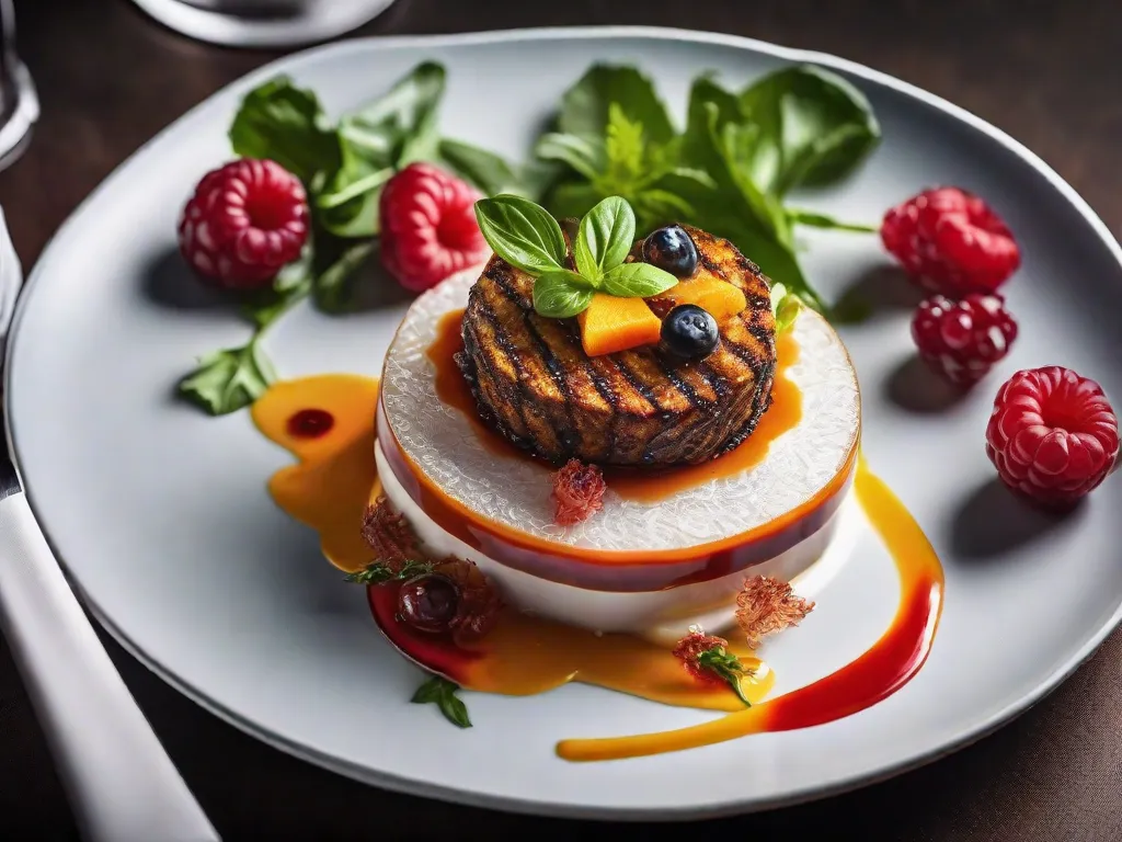 Uma imagem em close de um prato lindamente montado, exibindo a exuberante criação culinária dos renomados chefs. O prato apresenta cores vibrantes, uma apresentação intricada e um equilíbrio perfeito de sabores, tentando os paladares dos espectadores e celebrando a arte desses talentosos chefs.