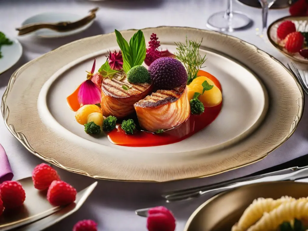 Descrição da imagem: Uma fotografia em close-up de um prato lindamente decorado em um restaurante gourmet. O prato apresenta cores vibrantes e arranjos de comida intricados, mostrando as habilidades culinárias do chef. A imagem captura os detalhes finos e a apresentação requintada que tornam a culinária gourmet um verdadeiro banquete para os olhos e para o paladar.