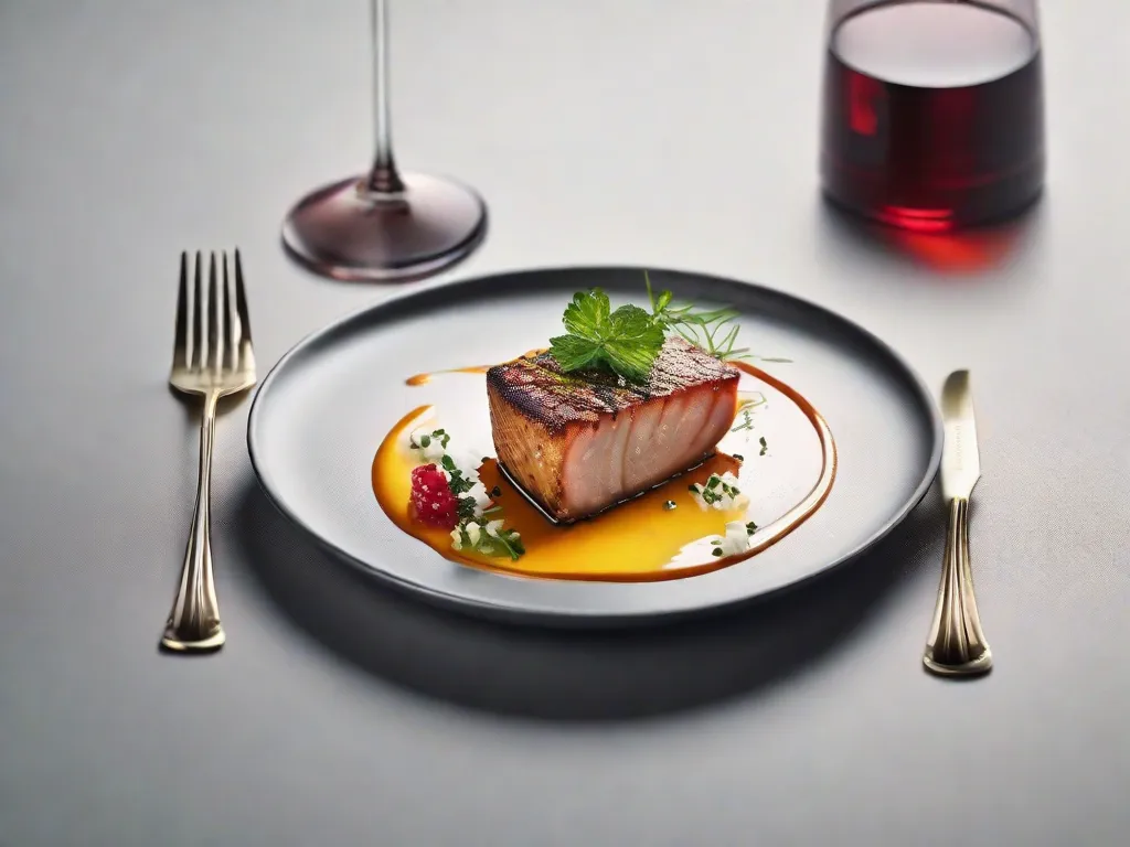 Uma imagem em close-up de um prato gourmet lindamente montado, mostrando a disposição cuidadosa dos ingredientes. O prato é decorado com ervas delicadas e regado com um molho saboroso, destacando a atenção aos detalhes e a precisão na culinária gourmet.