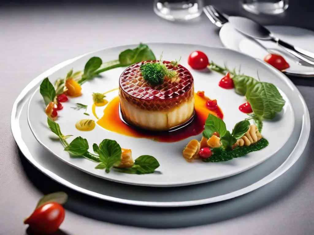 Uma imagem em close-up de um prato lindamente montado, com cores vibrantes e detalhes intrincados. A comida está disposta artisticamente, mostrando a criatividade e habilidade do chef. Essa imagem representa o encanto da culinária gourmet, seduzindo os sentidos e cativando os paladares com sua apresentação e sabores requintados.