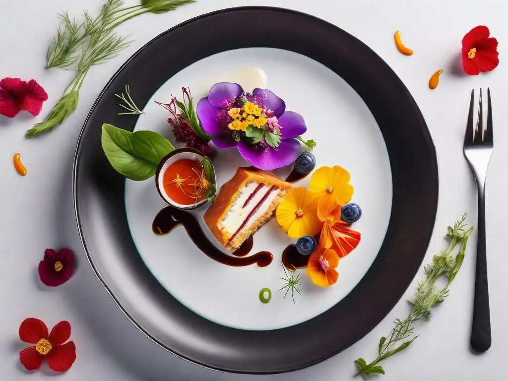Descrição da imagem: Uma fotografia em close-up de um prato lindamente montado, mostrando cores vibrantes e uma apresentação intricada. O prato é composto por vieiras grelhadas, regadas com um delicado molho de açafrão, acompanhadas por uma mistura de legumes assados e uma pitada de microgreens. A imagem captura a arte e a atenção aos detalhes que tornam a comida gourmet tão ap