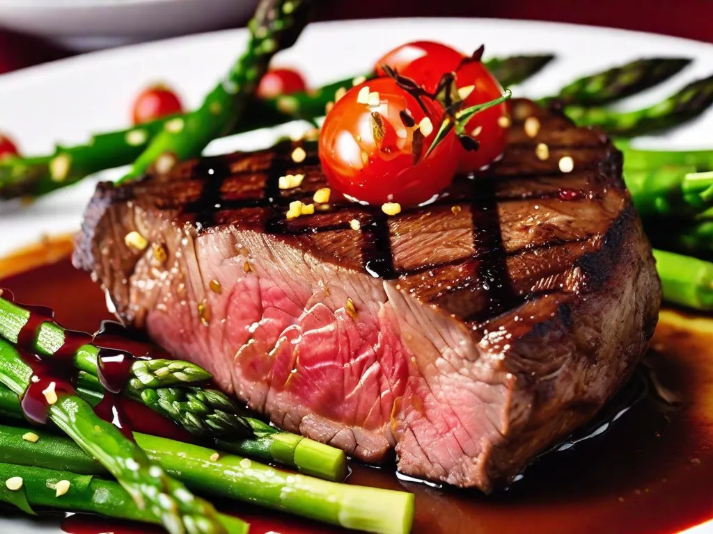 Descrição da imagem: Um close-up de um prato lindamente montado de comida gourmet. O prato consiste em um bife perfeitamente grelhado, acompanhado por aspargos verdes vibrantes, tomates cereja assados e um fio de molho rico e saboroso. A apresentação é visualmente atraente e destaca a atenção aos detalhes e o toque artístico que são colocados na culin