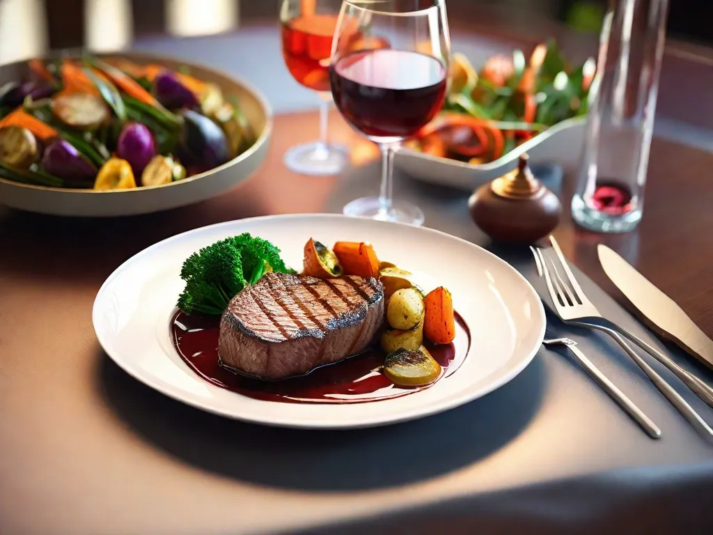 Descrição da imagem: Um close-up de um prato lindamente montado de comida gourmet. O prato apresenta um bife perfeitamente grelhado, acompanhado por legumes assados coloridos e um fio de molho saboroso. A apresentação é elegante e convidativa, destacando a deliciosidade e sofisticação das receitas gourmet da Dindin Gourmet.