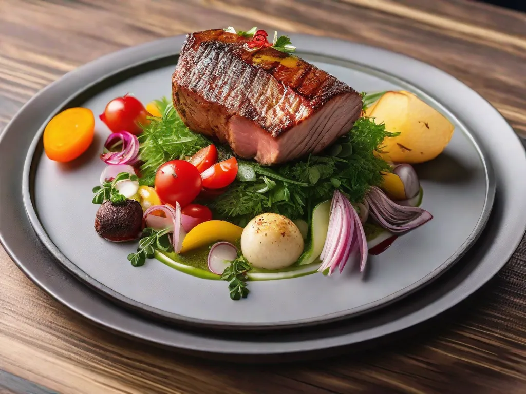 Uma foto em close-up de um prato lindamente montado, com sabores regionais. O prato apresenta cores vibrantes e uma variedade de ingredientes, como ervas frescas, vegetais de origem local e pedaços suculentos de carne. A apresentação é elegante e convidativa, mostrando a arte culinária e destacando os sabores únicos da região.