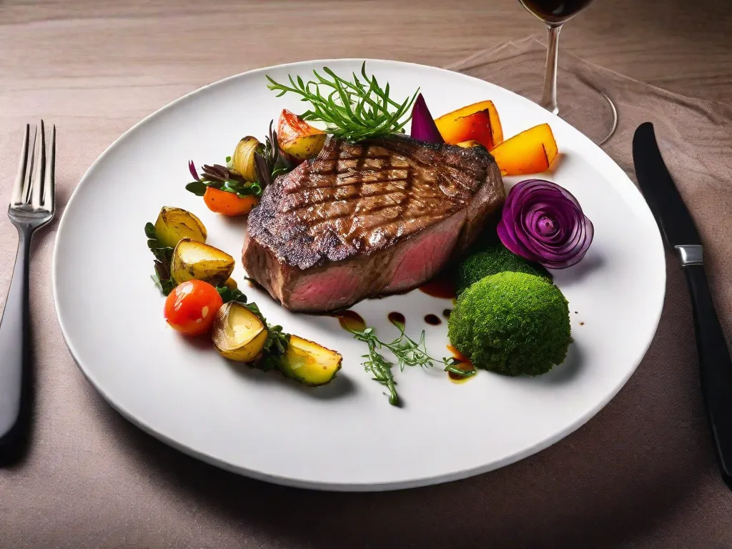 Descrição da imagem: Um close-up de um prato lindamente montado, com um suculento bife cozido à perfeição, decorado com ervas verdes vibrantes e acompanhado por legumes assados coloridos. O prato é elegantemente apresentado em um prato branco imaculado, destacando as habilidades culinárias gourmet e atenção aos detalhes.