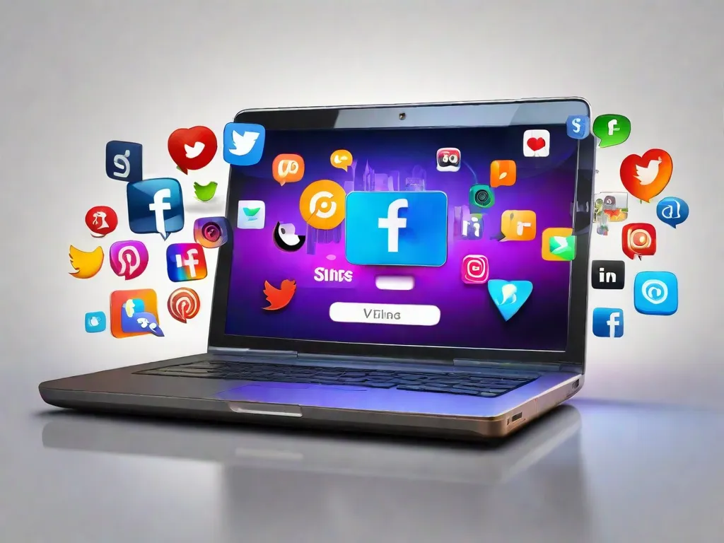 Uma imagem vibrante de uma tela de laptop exibindo vários ícones populares de mídias sociais, representando a importância da promoção online e o papel das redes sociais na disseminação de informações e na conexão de pessoas em todo o mundo.