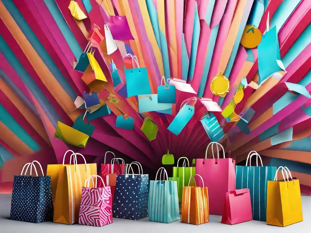 Descrição da imagem: Uma vibrante colagem de sacolas de compras, etiquetas de preço e placas de desconto. As sacolas estão cheias de vários itens, representando diferentes produtos e serviços. As etiquetas de preço mostram preços reduzidos, indicando descontos. A imagem retrata o conceito de promoções e descontos sendo utilizados em benefício dos consumidores.