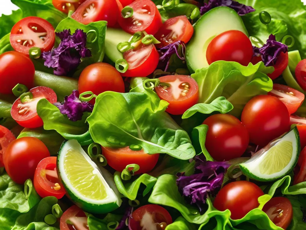 Uma foto em close-up de uma salada vibrante e colorida, repleta de ingredientes frescos como tomates maduros, alface crocante, pepinos crocantes e molho tangy. As cores vibrantes e texturas da salada mostram as emocionantes criações culinárias que estão esperando para serem exploradas e degustadas.