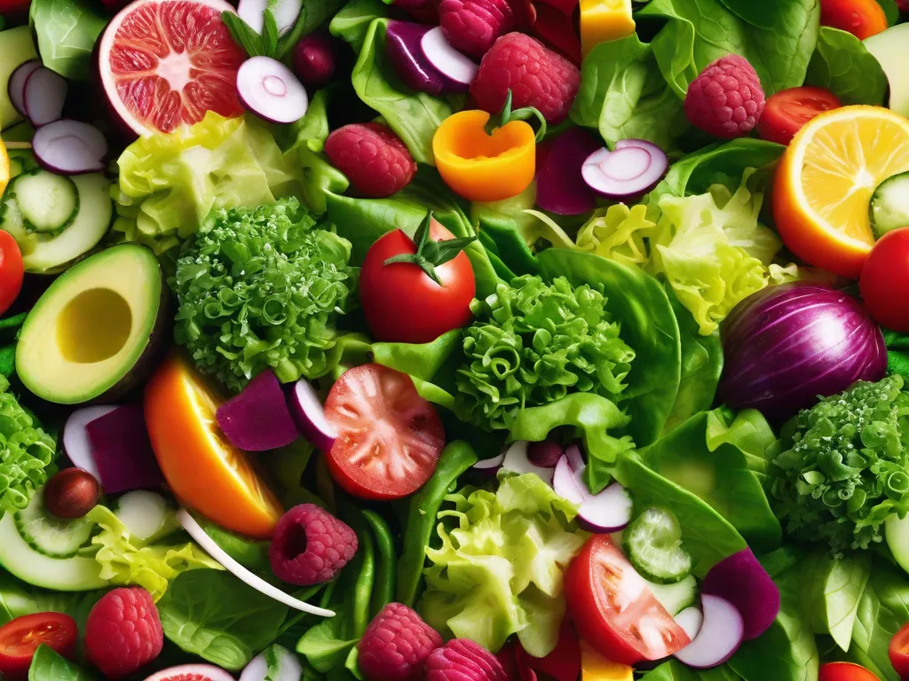 Uma imagem em close-up de uma salada vibrante e fresca composta por vegetais coloridos, folhas verdes crocantes e frutas suculentas. Os ingredientes estão cuidadosamente dispostos, destacando sua frescura e qualidade. A imagem mostra a importância de ingredientes de alta qualidade na criação de uma refeição deliciosa e nutritiva.