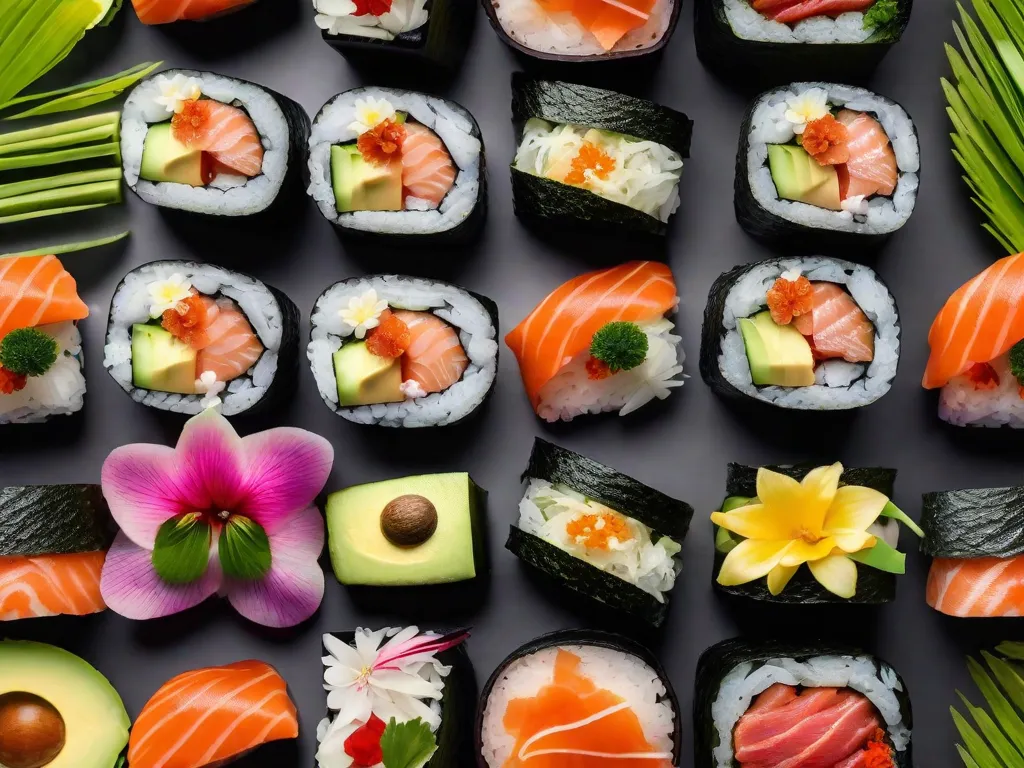 Um prato vibrante de rolos de sushi coloridos, artisticamente arranjados com fatias frescas de abacate, salmão e atum, decorado com delicadas flores comestíveis. O prato é lindamente apresentado em um elegante prato preto, criando uma imagem visualmente deslumbrante e digna do Instagram, que certamente fará a água na boca dos amantes da comida.
