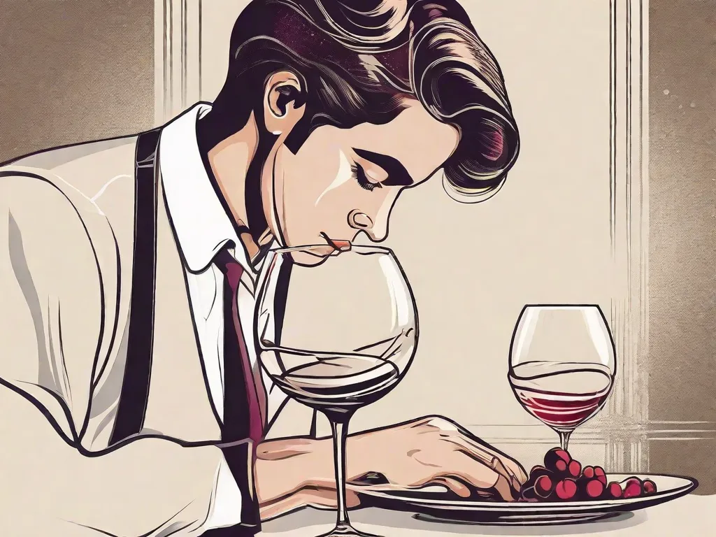 Uma imagem de uma pessoa segurando uma taça de vinho, delicadamente girando o vinho dentro dela. A pessoa tem uma expressão concentrada, como se estivesse tentando identificar os diferentes aromas e sabores do vinho. Essa imagem representa o tema 